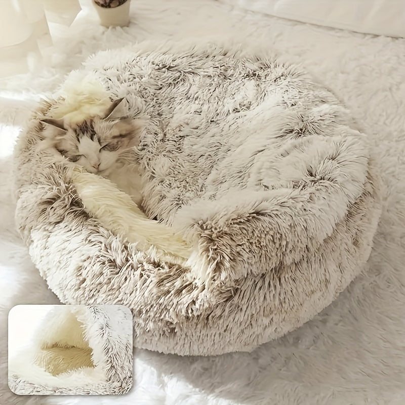 Plush Round Hooded Cat Bed