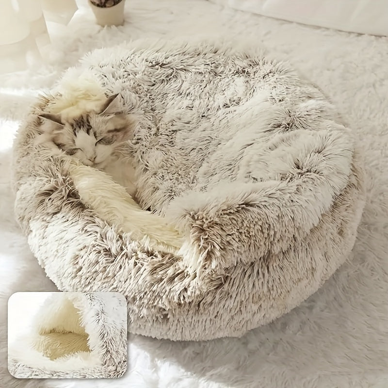 Plush Round Hooded Cat Bed