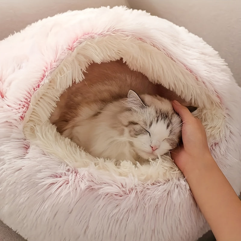 Plush Round Hooded Cat Bed