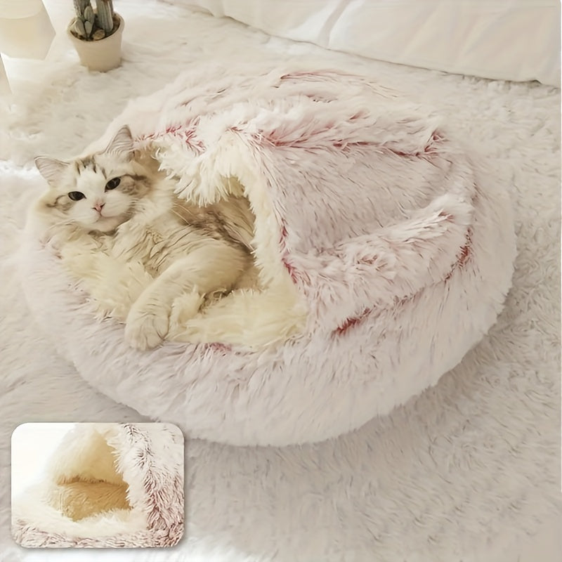 Plush Round Hooded Cat Bed