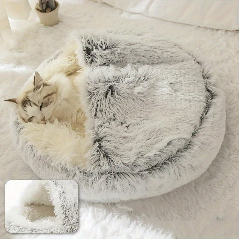 Plush Round Hooded Cat Bed