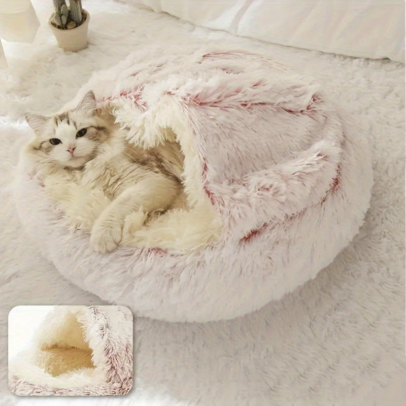 Plush Round Hooded Cat Bed