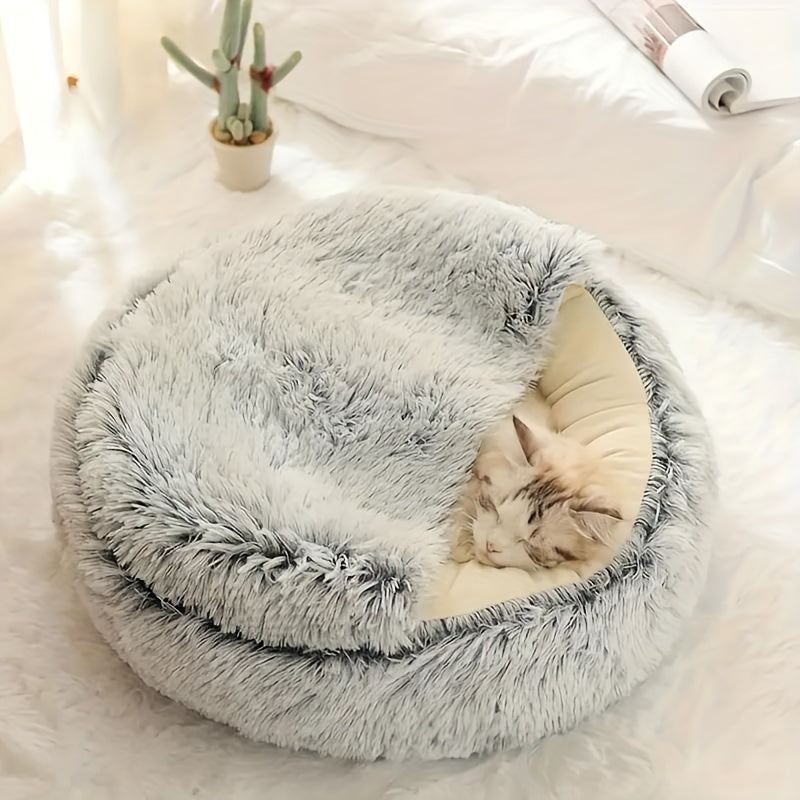 Plush Round Hooded Cat Bed