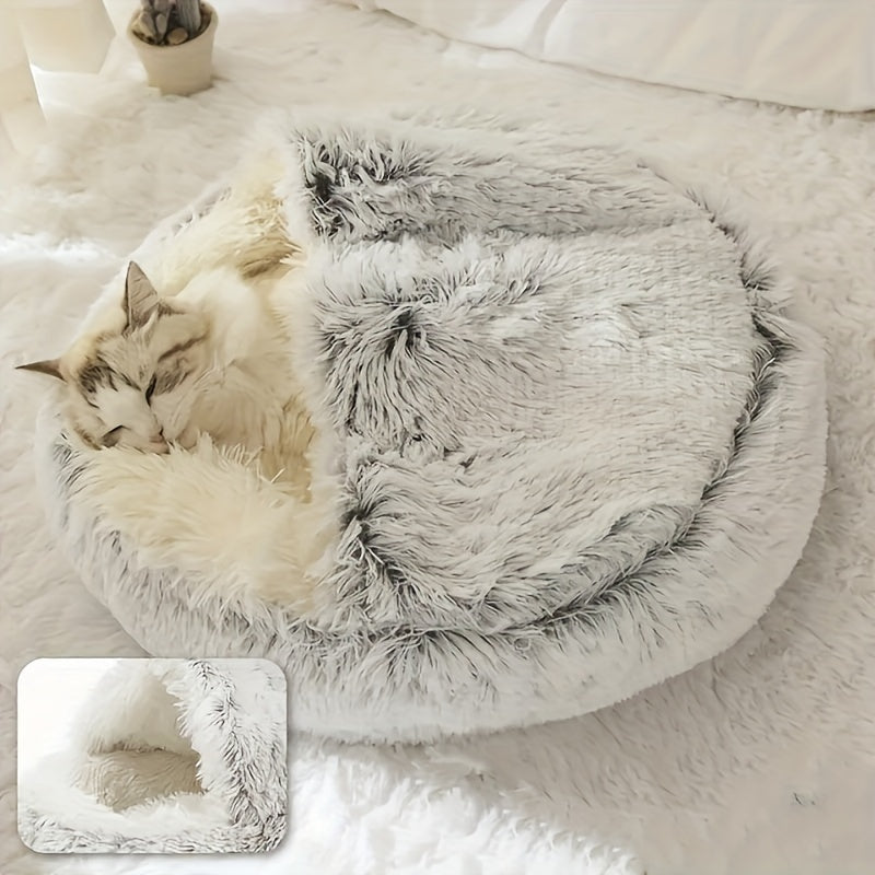 Plush Round Hooded Cat Bed