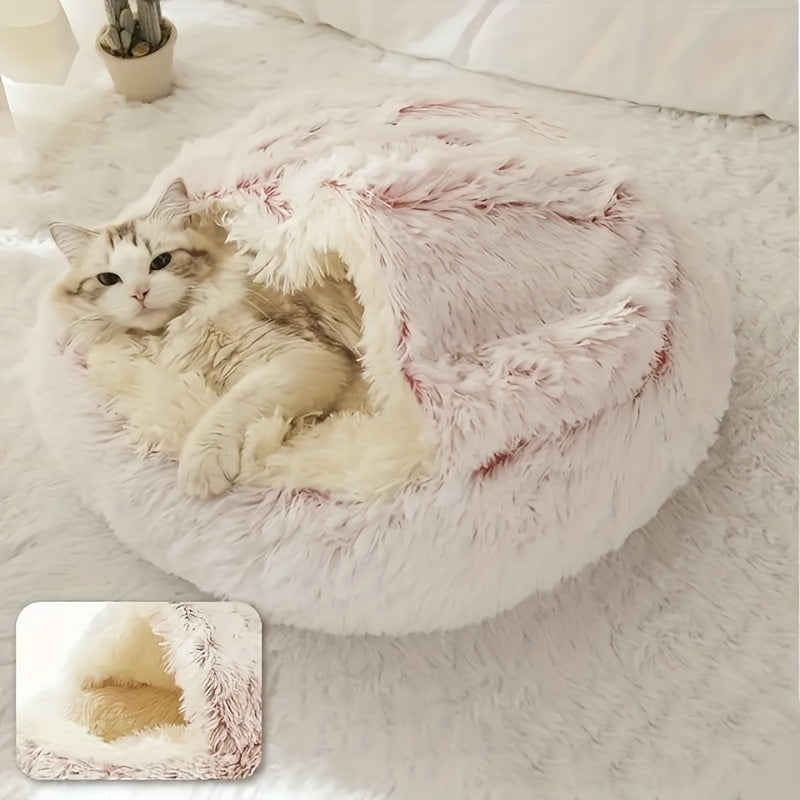 Plush Round Hooded Cat Bed